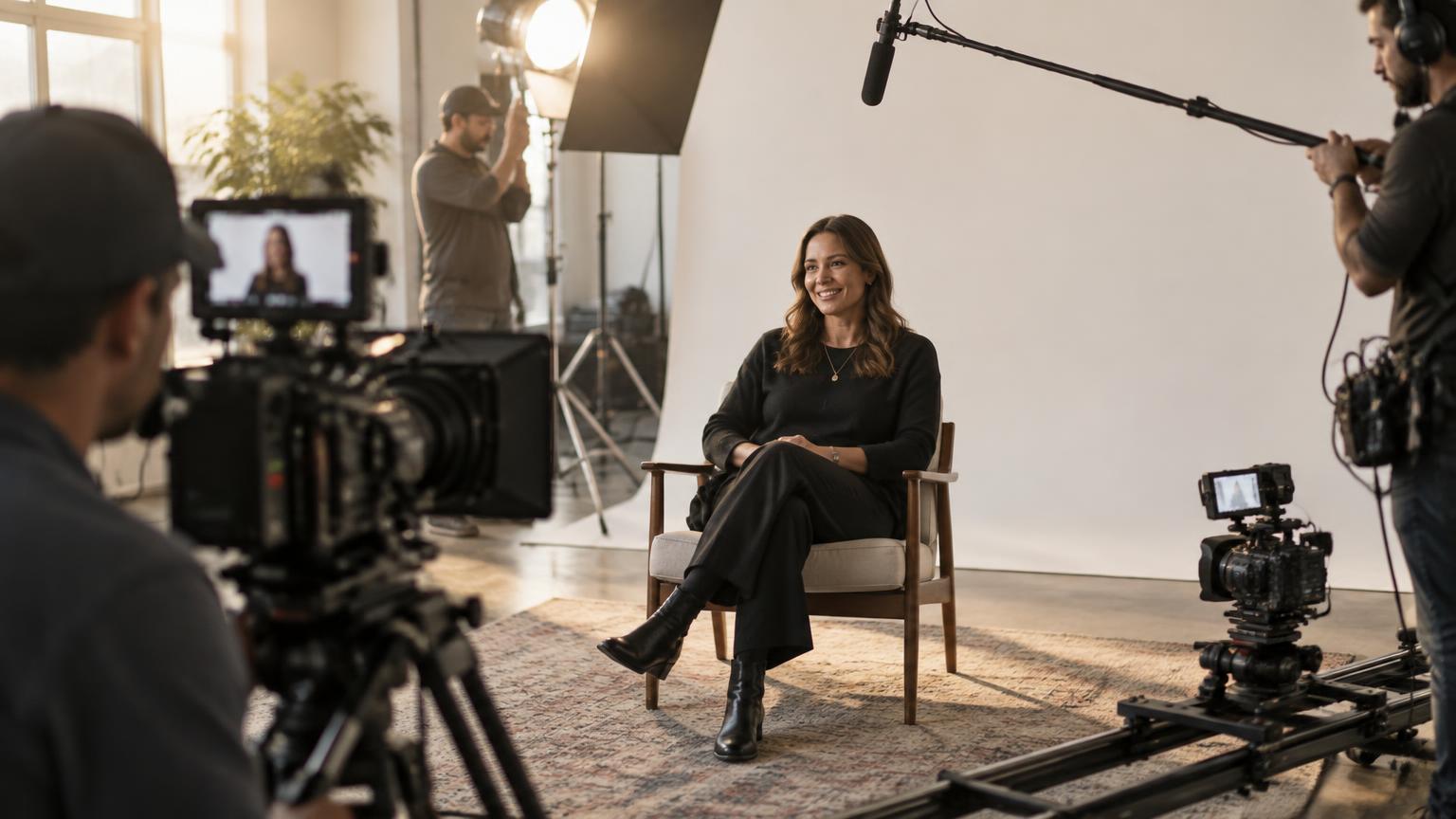 Behind the scenes of a documentary interview: a subject seated in front of a white backdrop while the camera crew films with a cinema camera, a second camera on a slider, and a boom mic